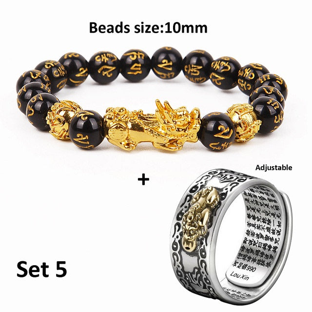 Unisex Pixiu Bracelet Ring – Obsidian Beaded Jewelry