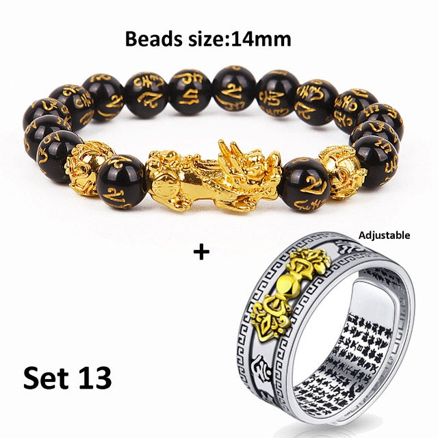Unisex Pixiu Bracelet Ring – Obsidian Beaded Jewelry