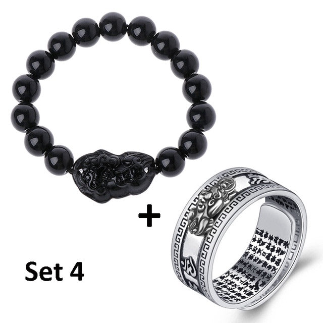 Unisex Pixiu Bracelet Ring – Obsidian Beaded Jewelry