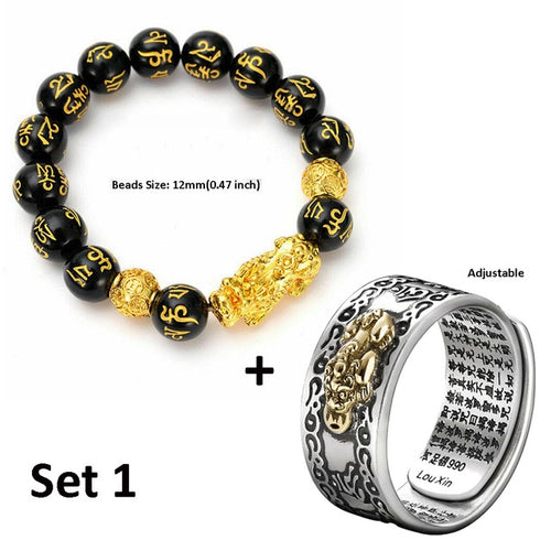 Unisex Pixiu Bracelet Ring – Obsidian Beaded Jewelry