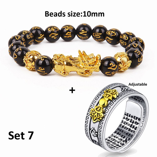 Unisex Pixiu Bracelet Ring – Obsidian Beaded Jewelry